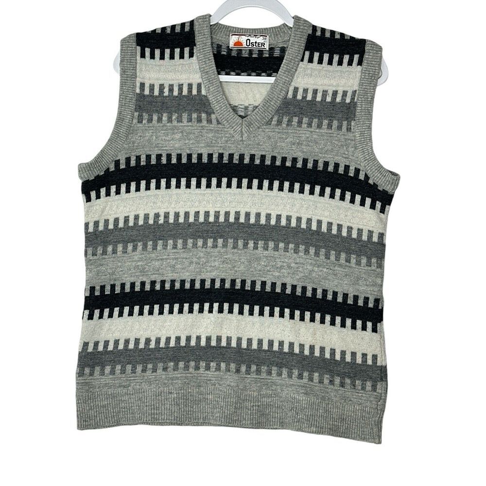 Vintage OSTER Sweater Vest Mens 38 Gray Lambswool Blend Pullover Stretch Grandpa